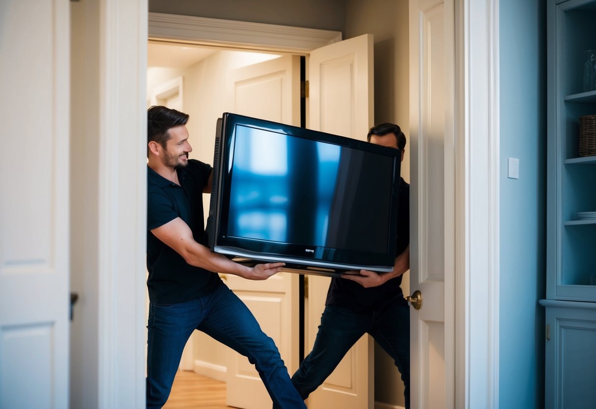 En TV som försiktigt lyfts och bärs av två personer genom en dörröppning, där en person vägleder från bakom.