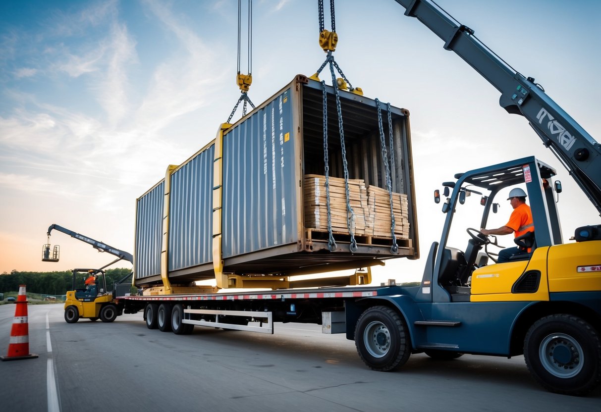 En lastbil som transporterar tung last säkrad med kedjor och remmar, som lastas på en flaktrailer av arbetare som använder gaffeltruckar och kranar.