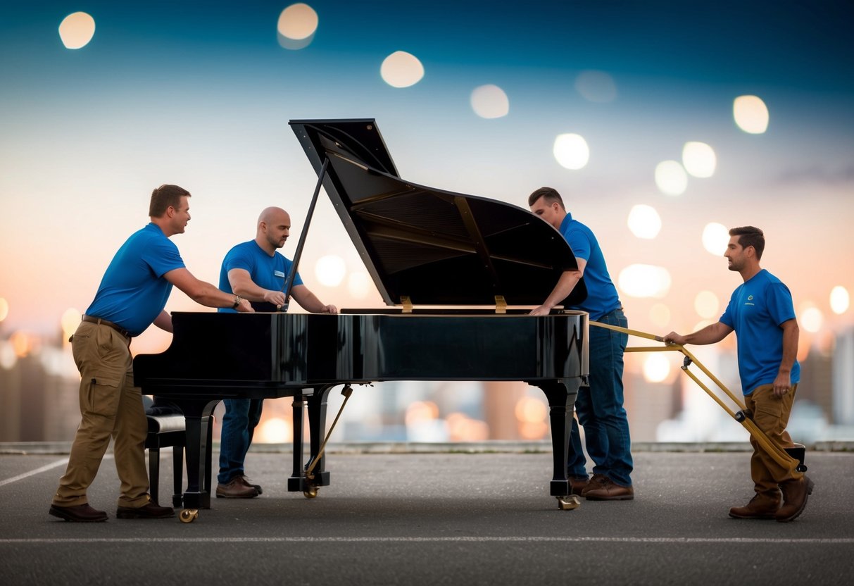 Ett piano som försiktigt lyfts och flyttas av ett team av människor som använder rätt utrustning och tekniker