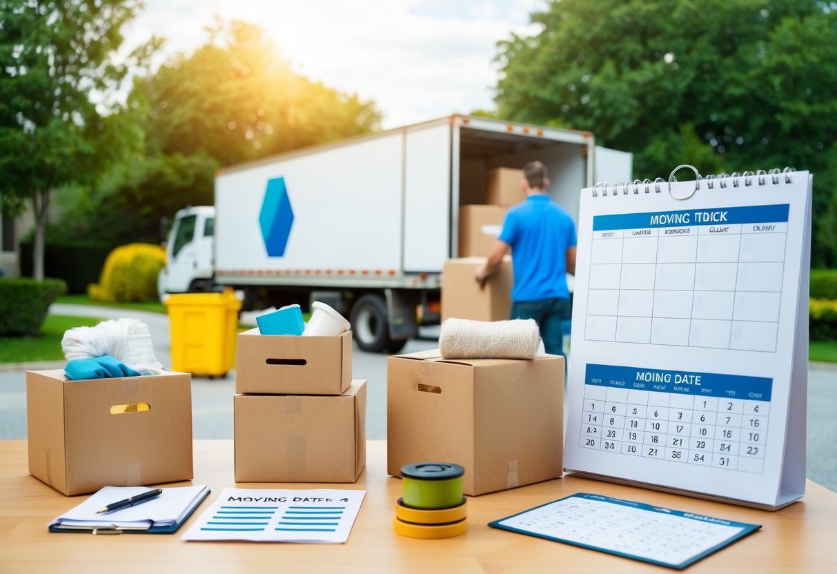Lådor som packas med hushållsartiklar, en flyttbil parkerad utanför, en checklista med uppgifter, en karta över den nya platsen och en kalender med flyttdatumet inringat
